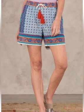 Sundance Bernetta Boho Beachy Cotton Block Print Lace Trim Shorts Size XXL